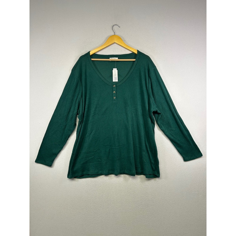 Cozy Plus Size Maurices Women 3X Green‎ Ribbed Henley Sleep Top Long Sleeve NWT